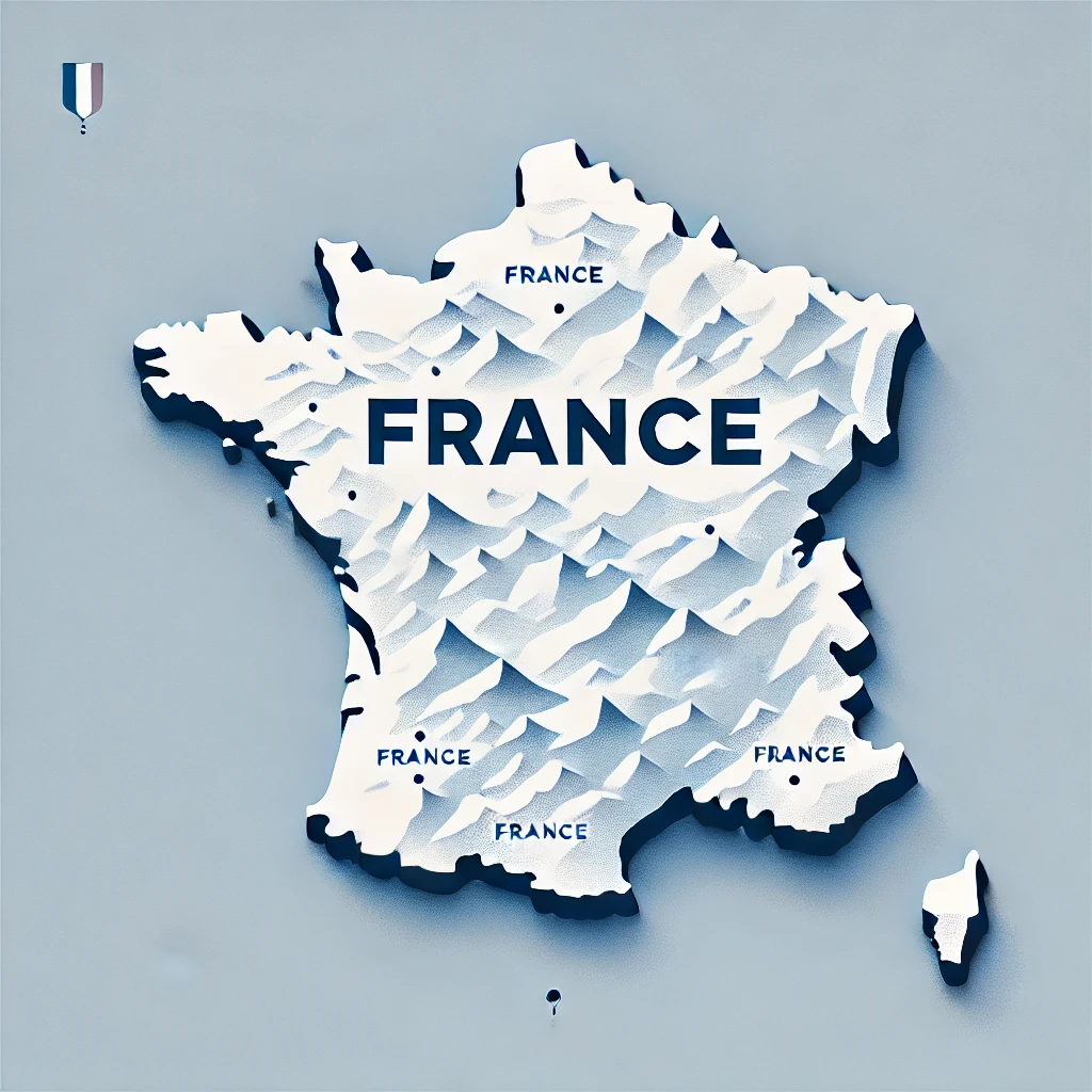 DALL·E 2024-10-14 11.08.04 - A minimalist winter-themed illustration of France, featuring the country name 'France' prominently displayed on the map. The map shows the borders of