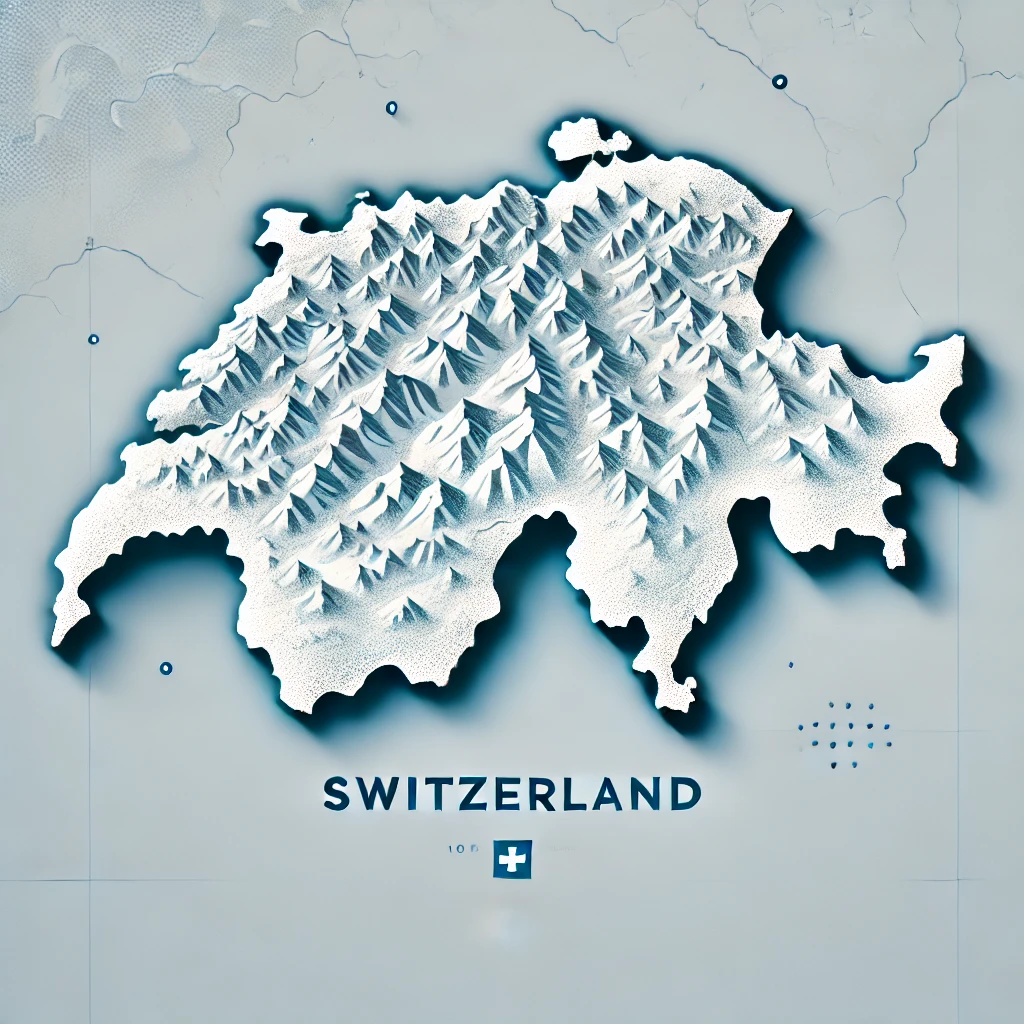 DALL·E 2024-10-14 11.08.10 - A minimalist winter-themed illustration of Switzerland, featuring the country name 'Switzerland' prominently displayed on the map. The map shows the b