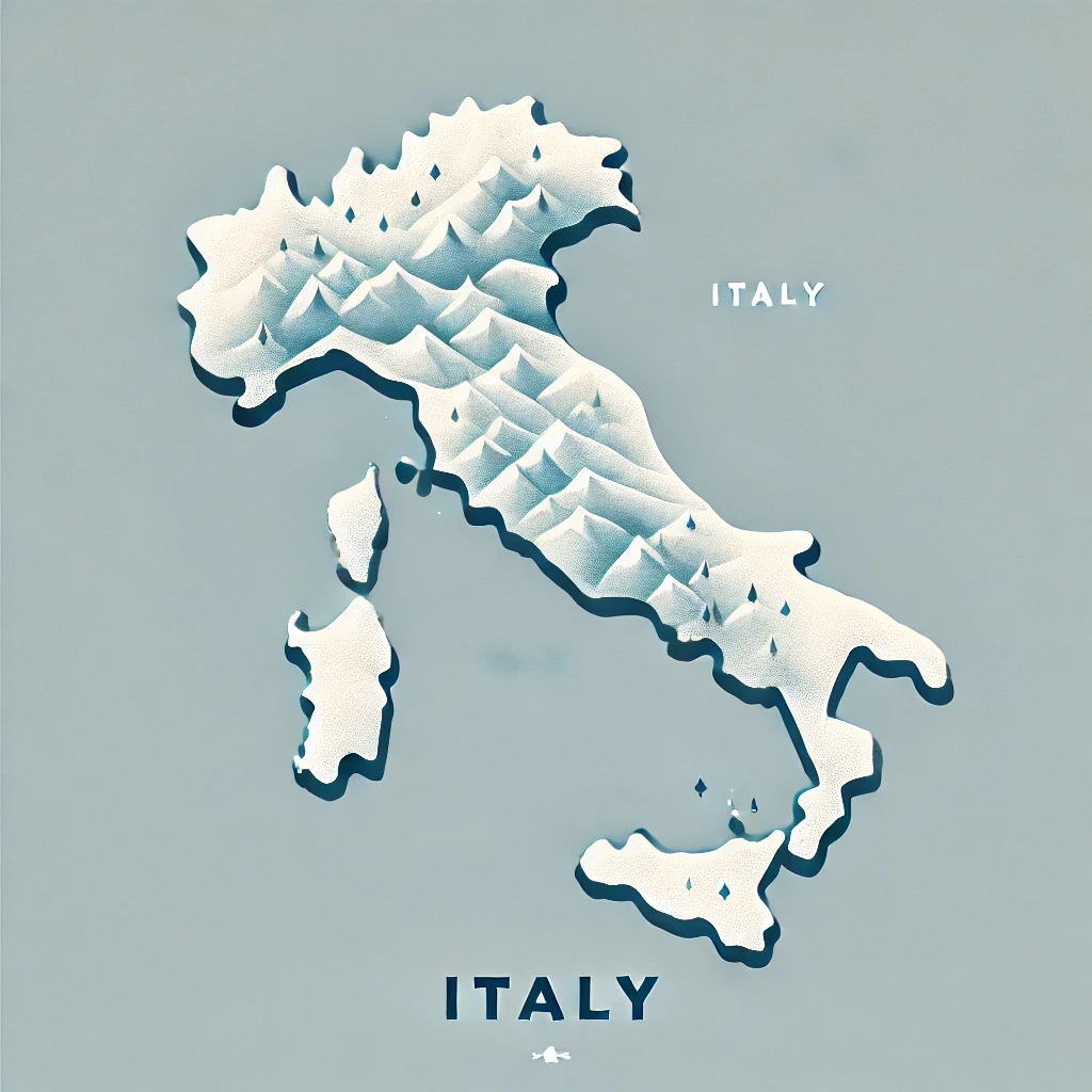 DALL·E 2024-10-14 11.08.16 - A minimalist winter-themed illustration of Italy, featuring the country name 'Italy' prominently displayed on the map. The map shows the borders of It