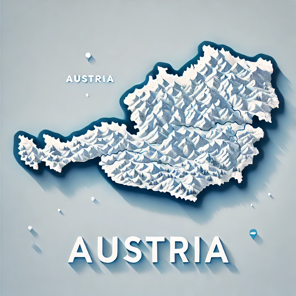 DALL·E 2024-10-14 11.11.20 - A minimalist winter-themed illustration of Austria, featuring the country name 'Austria' prominently displayed on the map with correct spelling. The m